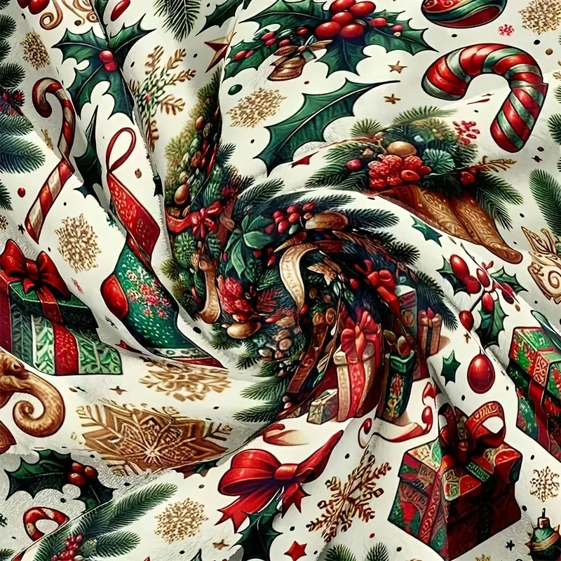 Detailansicht der Weihnachtsdecke mit Tannenbaum, Zuckerstangen, Geschenken, Schleifen, Beeren und Schneeflocken