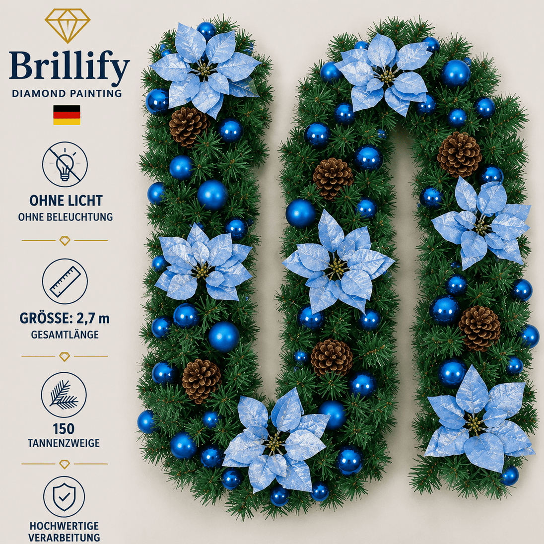 270 cm künstliche Weihnachtsgirlande mit blauen Blüten und Kugeln ohne Beleuchtung für festliche Dekoration