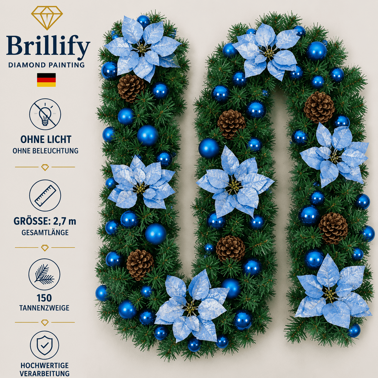 270 cm künstliche Weihnachtsgirlande mit blauen Blüten und Kugeln ohne Beleuchtung für festliche Dekoration