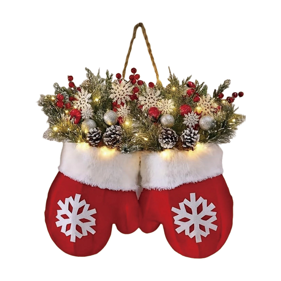 Hängende Weihnachtshandschuhe mit Tannengrün, roten Kugeln, Beeren und stimmungsvoller LED-Beleuchtung