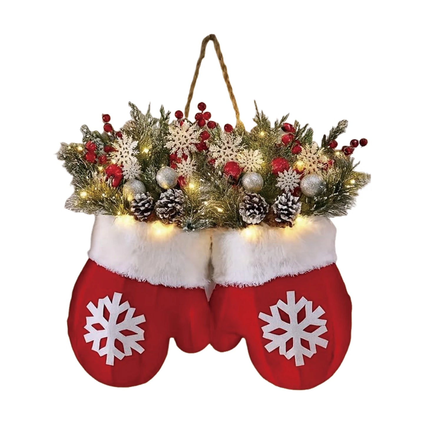 Hängende Weihnachtshandschuhe mit Tannengrün, roten Kugeln, Beeren und stimmungsvoller LED-Beleuchtung