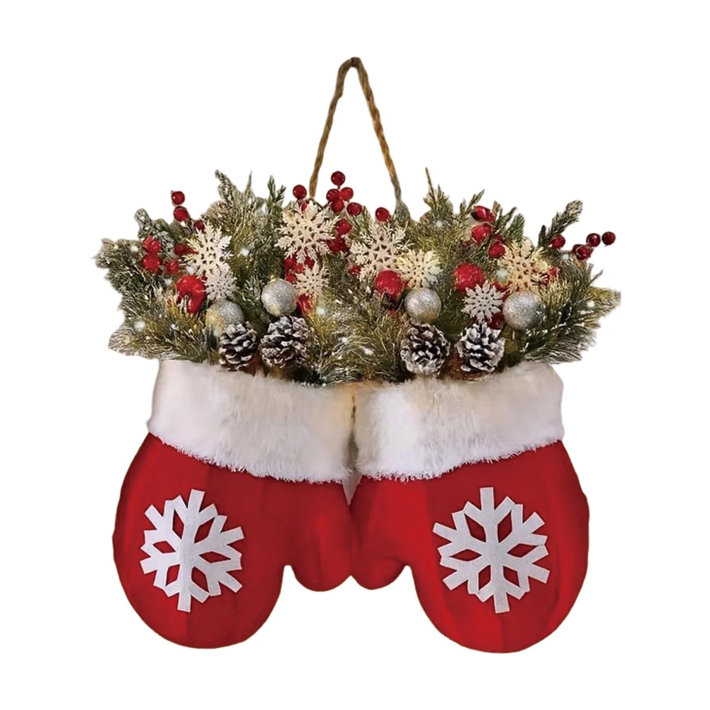 Hängende Weihnachtshandschuhe mit Schneeflocken, Tannengrün, roten Beeren, Kugeln und Tannenzapfen ohne LED