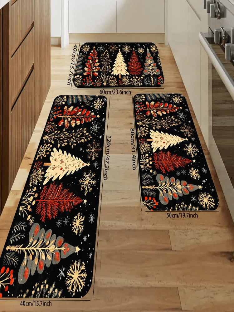 Weihnachtsläufer und Weihnachtsmatten mit Tannenbaum, Zweigen und Schneeflocken als dekoratives Set für Küche und Flur