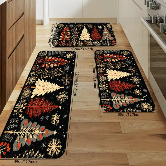 Weihnachtsläufer Set mit schwarzem Hintergrund, Tannenbäumen, Zweigen, Beeren und Schneeflocken in verschiedenen Größen