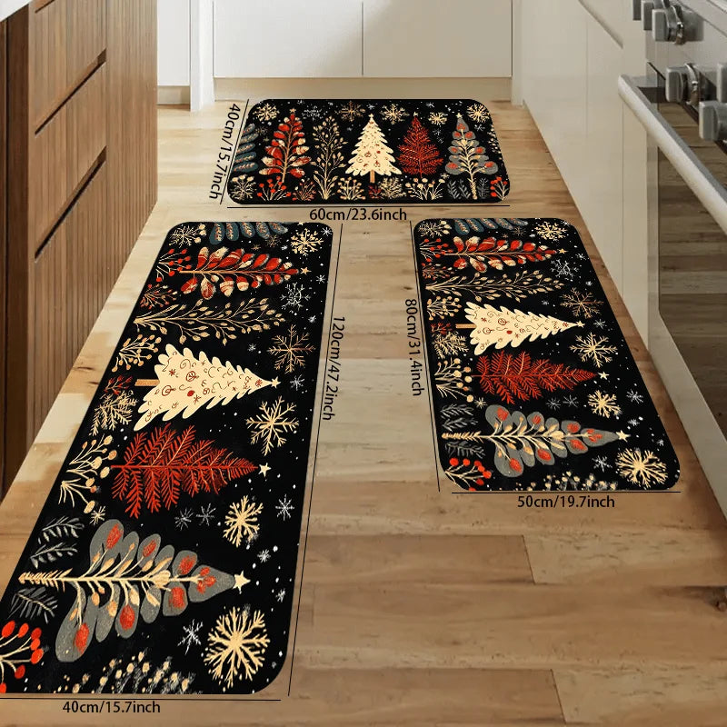 Weihnachtsläufer Set mit schwarzem Hintergrund, Tannenbäumen, Zweigen, Beeren und Schneeflocken in verschiedenen Größen