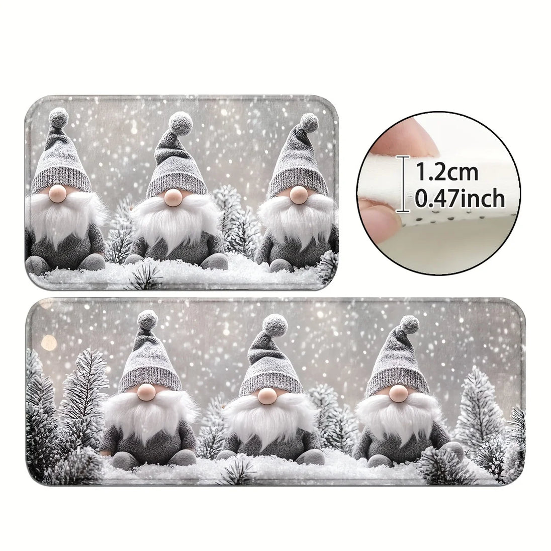 Weihnachtsläufer mit drei Wichteln, winterlichem Schneemotiv und einer dargestellten Stärke von ca. 1,2 cm