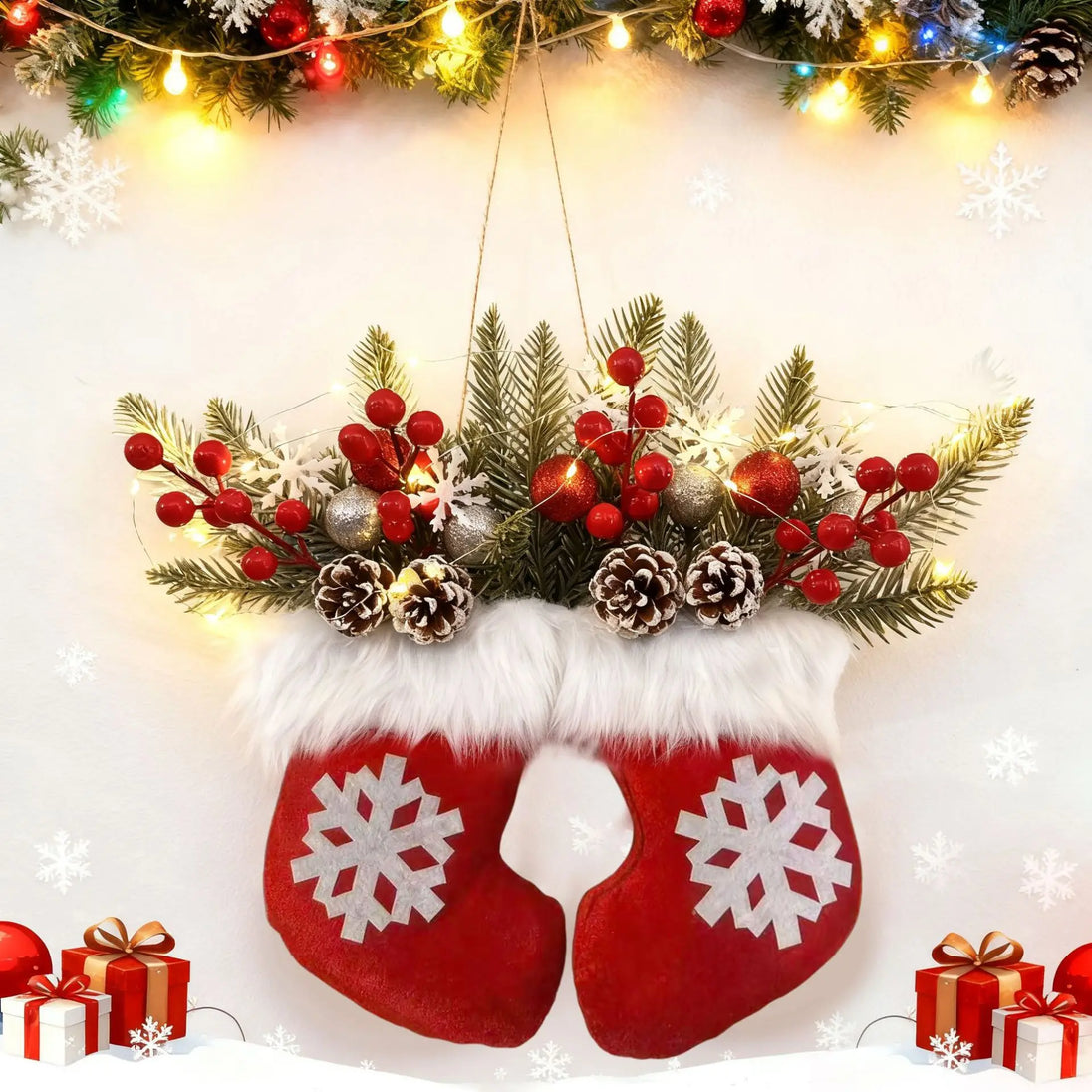 Hängende rote Weihnachtssöckchen mit weißen Schneeflocken, Tannengrün, roten Beeren und Tannenzapfen ohne LED-Beleuchtung