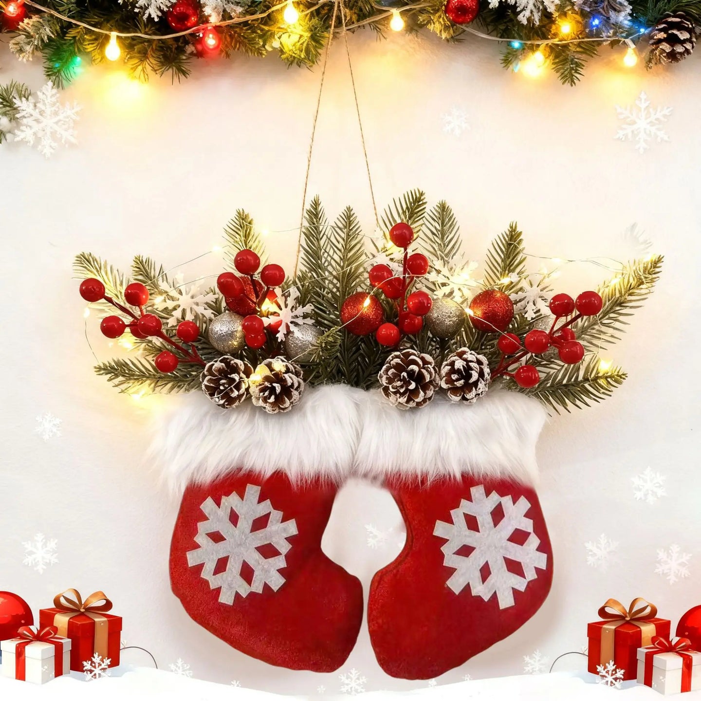 Hängende rote Weihnachtssöckchen mit weißen Schneeflocken, Tannengrün, roten Beeren und Tannenzapfen ohne LED-Beleuchtung