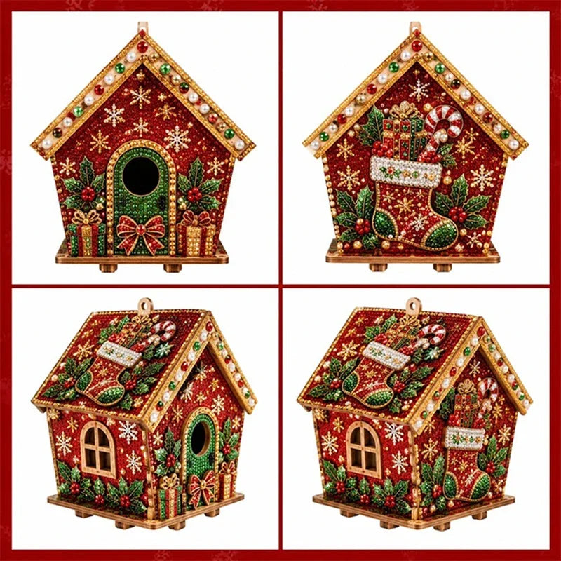 DIY Weihnachts-Häuschen in Rot und Grün mit festlichen Motiven und funkelnden Schmucksteinen