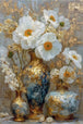 Weiße Blüten in kunstvollen Goldvasen als Diamond Painting im klassischen Stillleben.