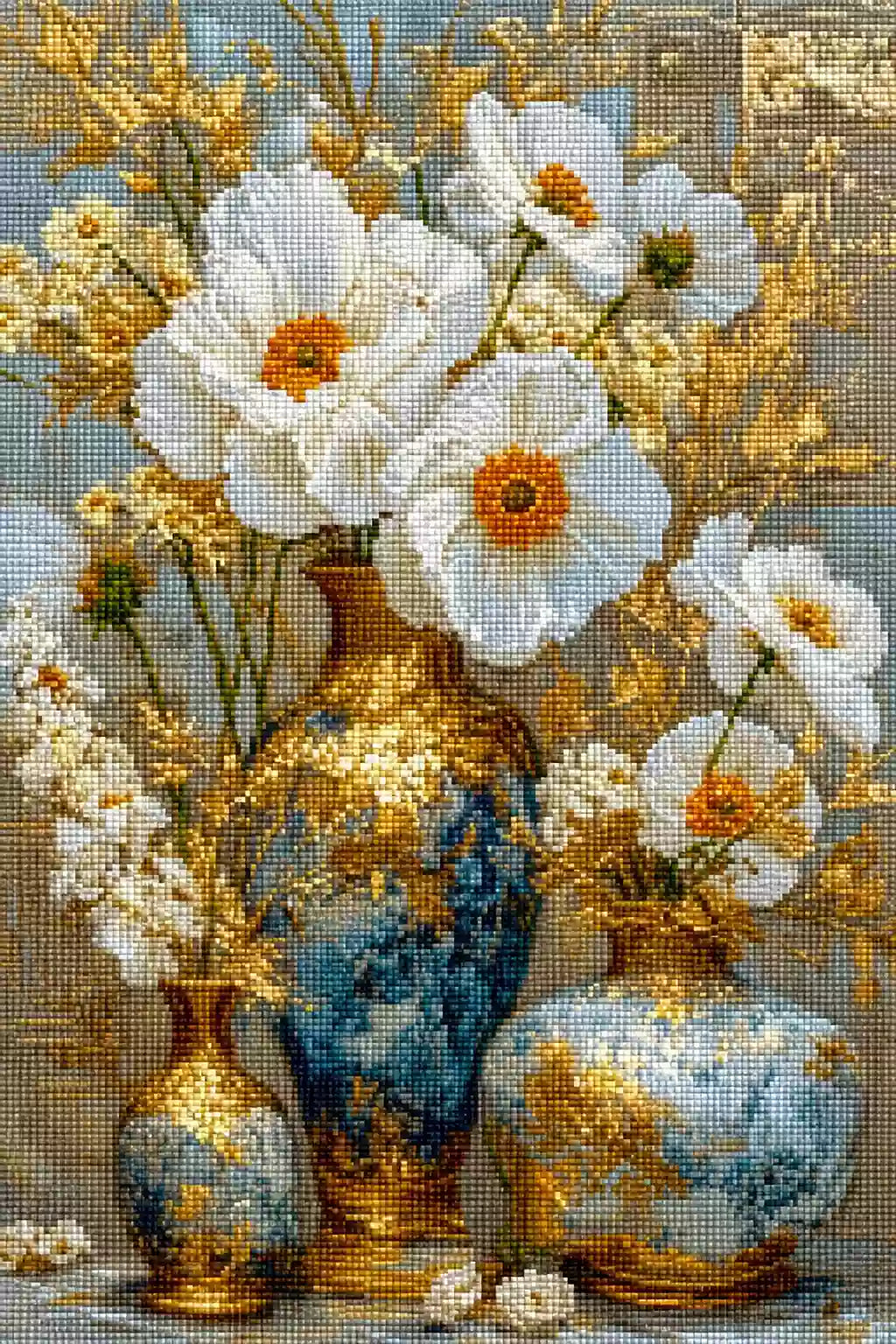 Weiße Blüten in kunstvollen Goldvasen als Diamond Painting im klassischen Stillleben. Mockup Pixelvorschau