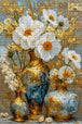 Weiße Blüten in kunstvollen Goldvasen als Diamond Painting im klassischen Stillleben. Mockup Pixelvorschau