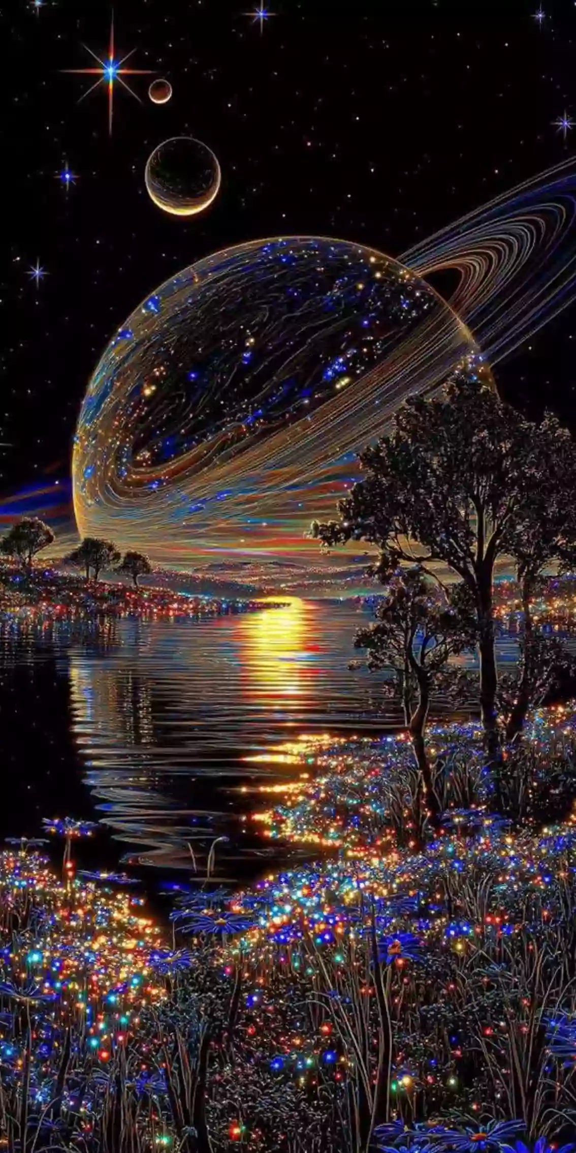 Saturn-Planet über einem See mit leuchtenden Blumen als Diamond Painting.