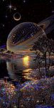 Saturn-Planet über einem See mit leuchtenden Blumen als Diamond Painting.
