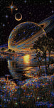 Saturn-Planet über einem See mit leuchtenden Blumen als Diamond Painting. Mock up