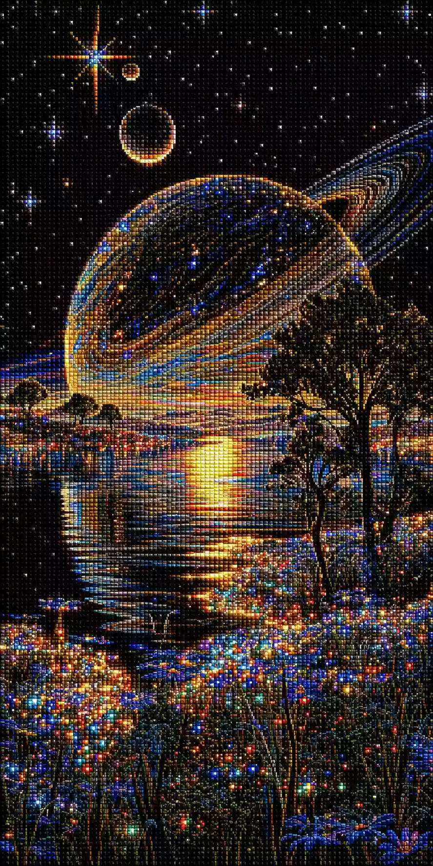 Saturn-Planet über einem See mit leuchtenden Blumen als Diamond Painting. Mock up