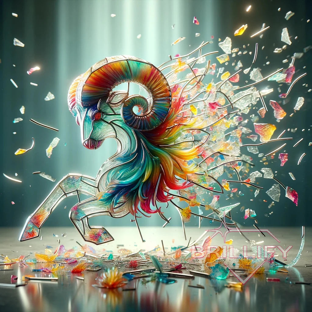 Diamond Painting Sternzeichen Widder aus bunten Glassplittern und Regenbogen-Hörnern