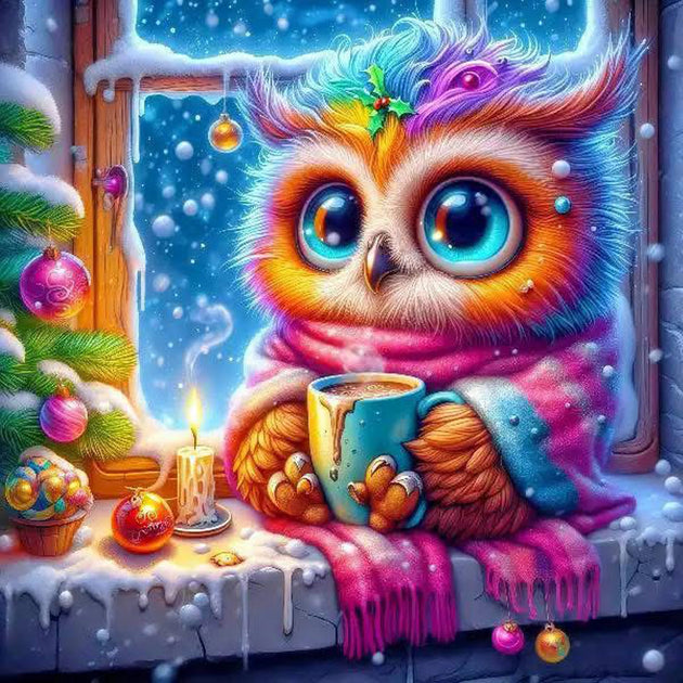 Diamond Painting mit bunter Eule, heißem Kakao, Schal, Schnee, Kerze und Weihnachtskugeln