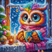 Diamond Painting mit bunter Eule, heißem Kakao, Schal, Schnee, Kerze und Weihnachtskugeln, Mockup, Pixelvorschau