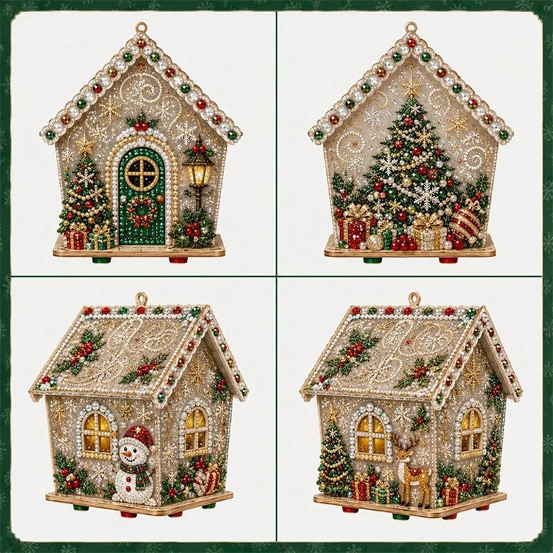 DIY Weihnachts-Häuschen in winterlichen Farben mit Weihnachtsbaum und funkelnden Verzierungen