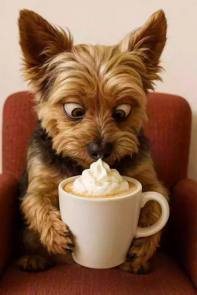Diamond Painting mit Yorkshire Terrier im roten Sessel und großer Kaffeetasse mit Sahne