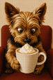 Diamond Painting mit Yorkshire Terrier im roten Sessel und großer Kaffeetasse mit Sahne Mockup