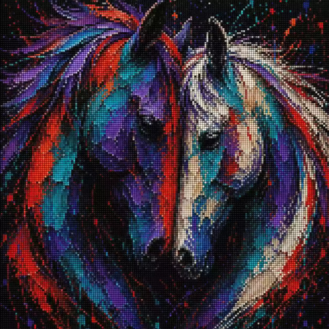 Diamond Painting mit zwei farbig gemalten Pferdeköpfen vor schwarzem Hintergrund, Mockup, Pixelvorschau
