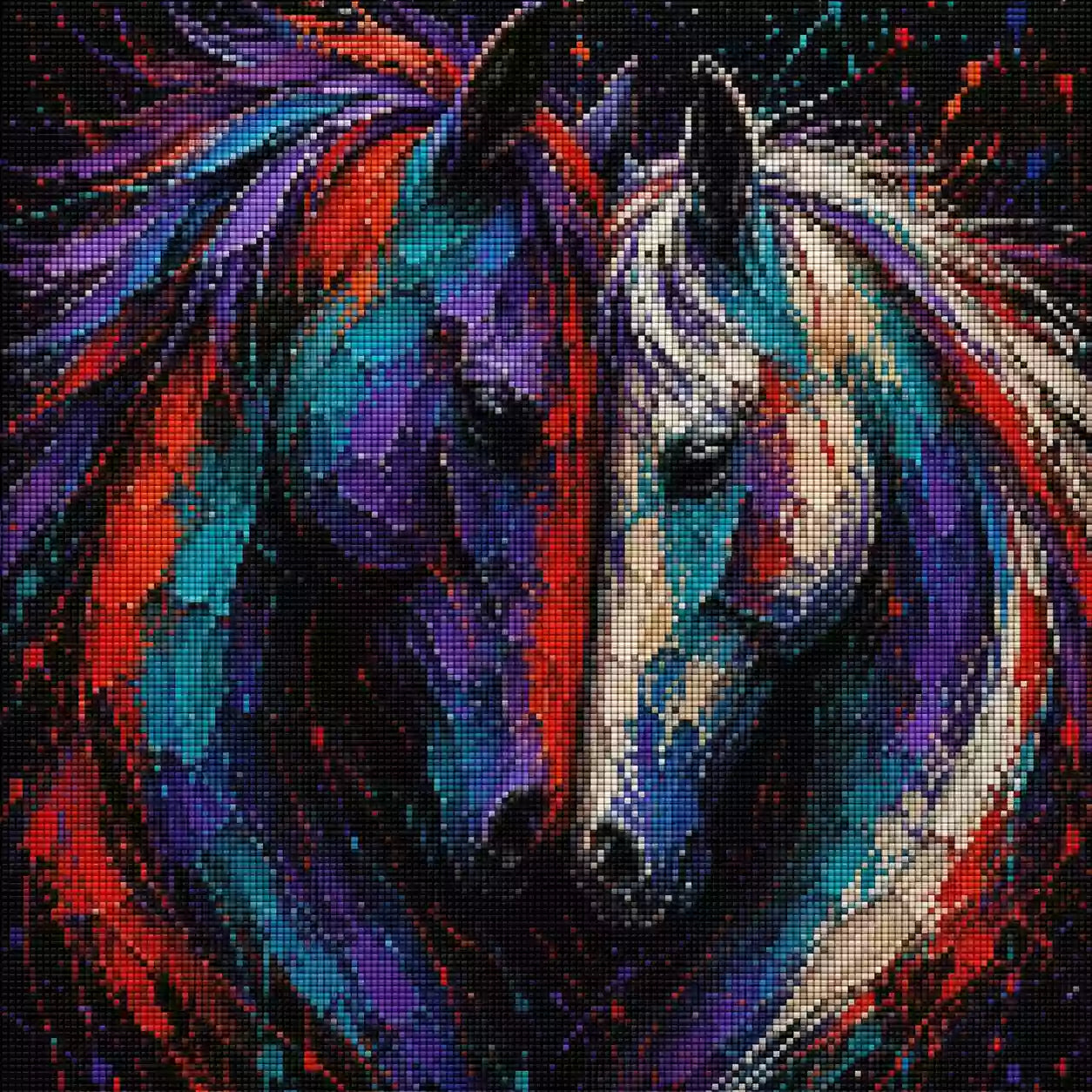 Diamond Painting mit zwei farbig gemalten Pferdeköpfen vor schwarzem Hintergrund, Mockup, Pixelvorschau