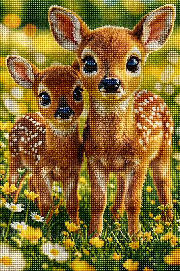 Zwei Rehkitze auf blühender Wiese als Diamond Painting. Mockup Pixelvorschau