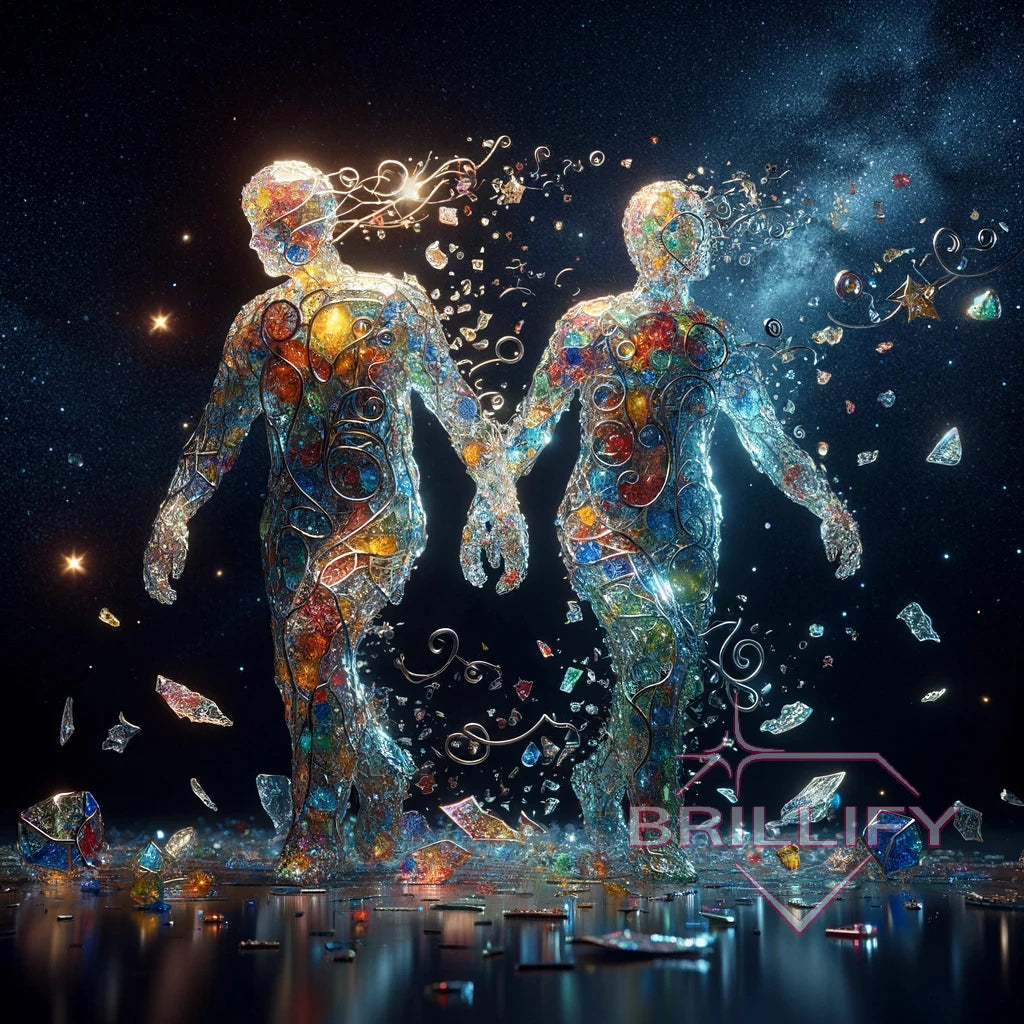 Diamond Painting Sternzeichen Zwillinge handhaltende Figuren mit goldenen Ornamenten