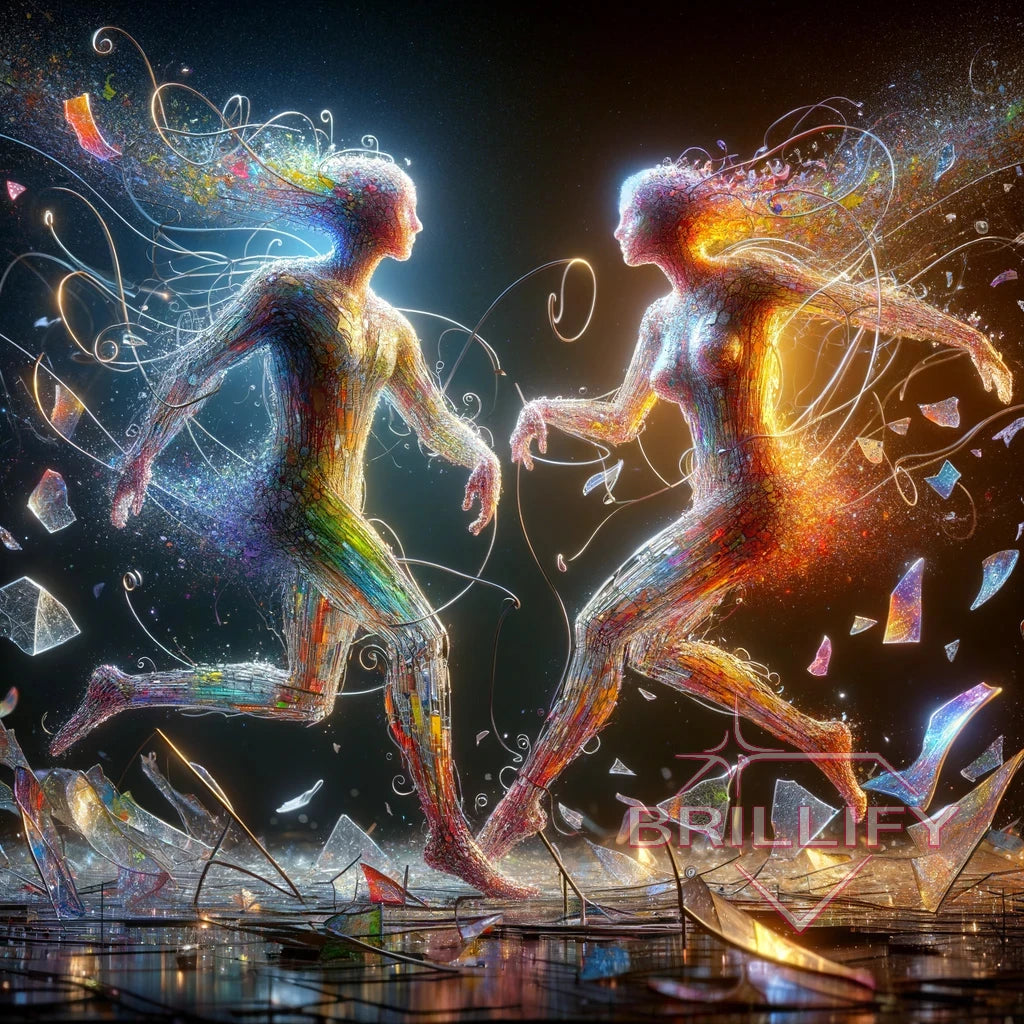 Diamond Painting Sternzeichen Zwillinge zwei tanzende Lichtgestalten im Weltraum