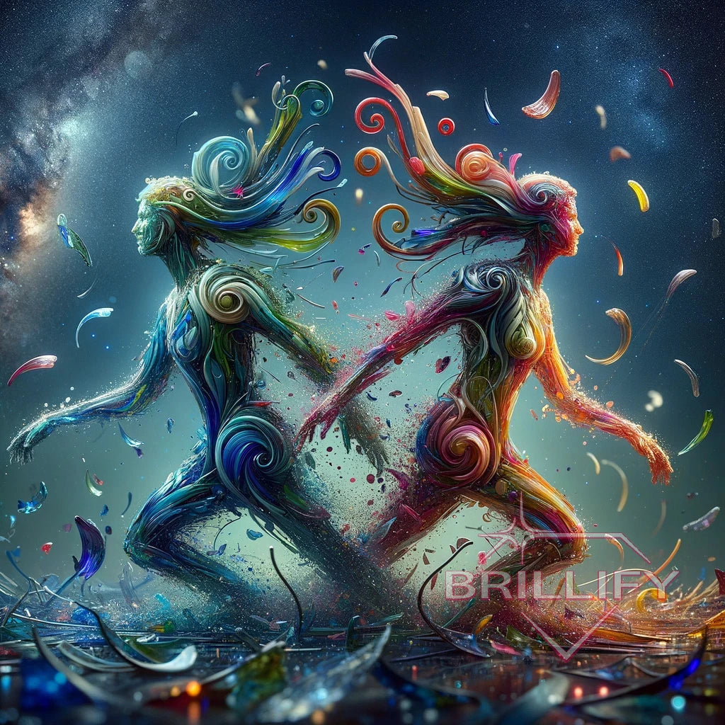 Diamond Painting Sternzeichen Zwillinge wirbelnde Lichtwesen mit Farbspritzern