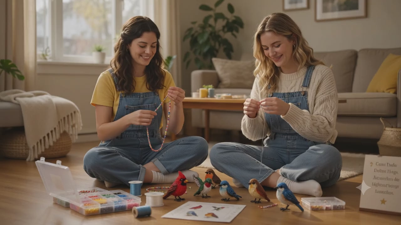 Zwei Frauen gestalten gemeinsam 3D Perlentiere als kreatives DIY Bastelprojekt mit Perlen und Anleitung