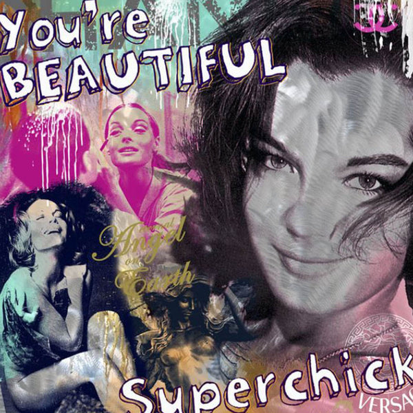Diamond Painting Romy Schneider Porträt mit pinken Farbakzenten und Text 'You're beautiful'.
