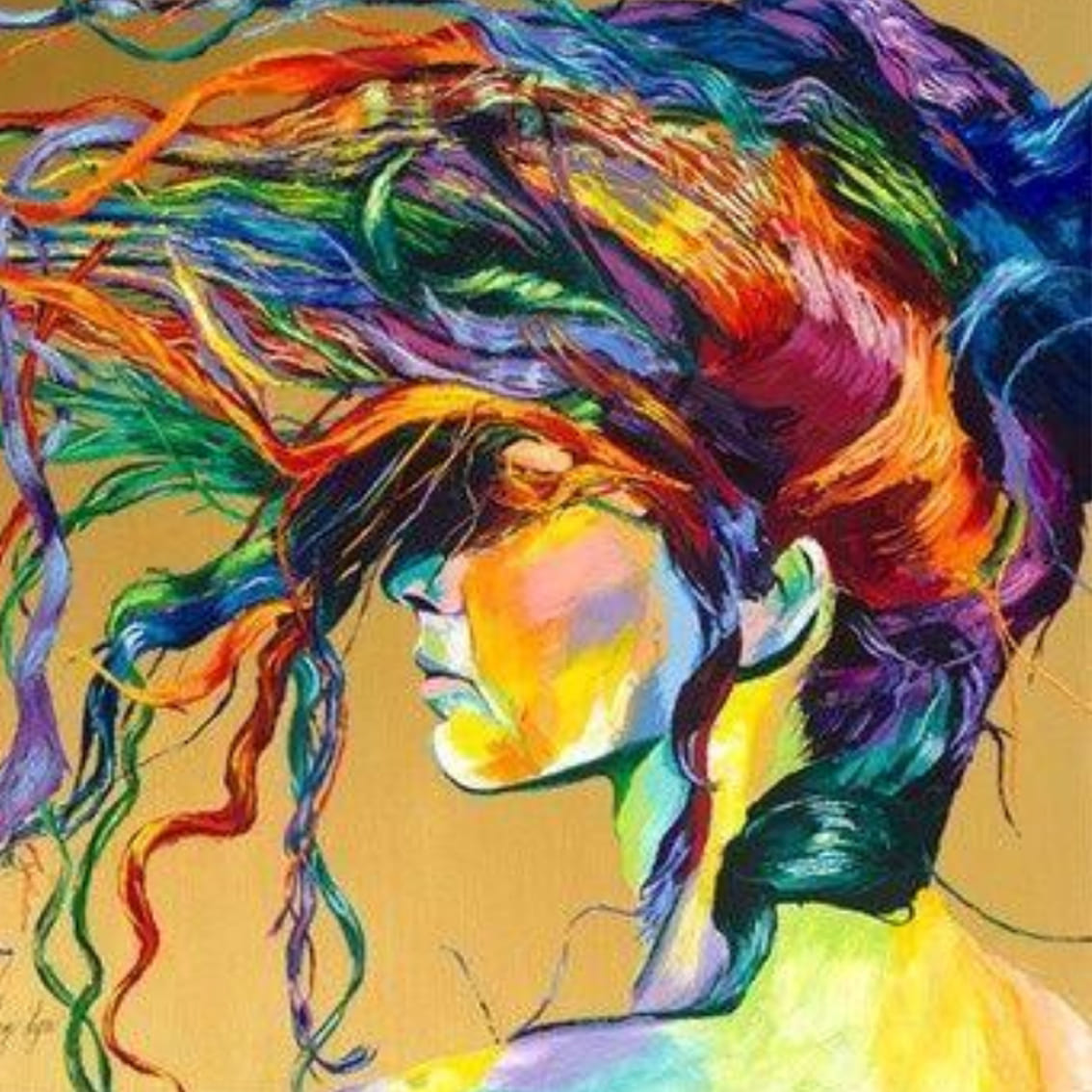 Diamond Painting Popart Porträt einer Frau mit bunten Farbspritzern und neonfarbenem Haar.
