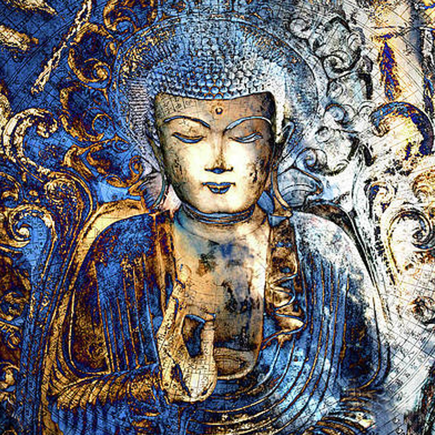Diamond Painting Spirituelles Motiv eines goldenen Buddhas in Gebetshaltung mit Lichtschein.
