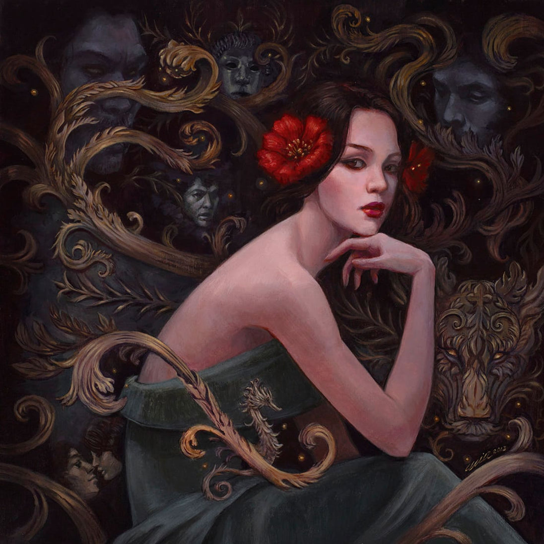 Diamond Painting mit geheimnisvoller Frau, roten Blüten, goldenen Ranken und dunklem Fantasy-Hintergrund.