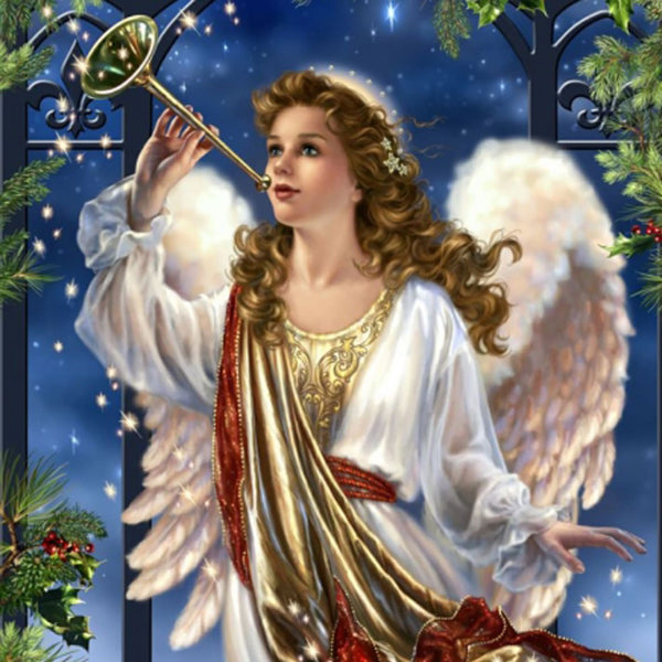 Diamond Painting Fantasy Motiv eines Engels mit Flügeln, der eine goldene Posaune spielt.