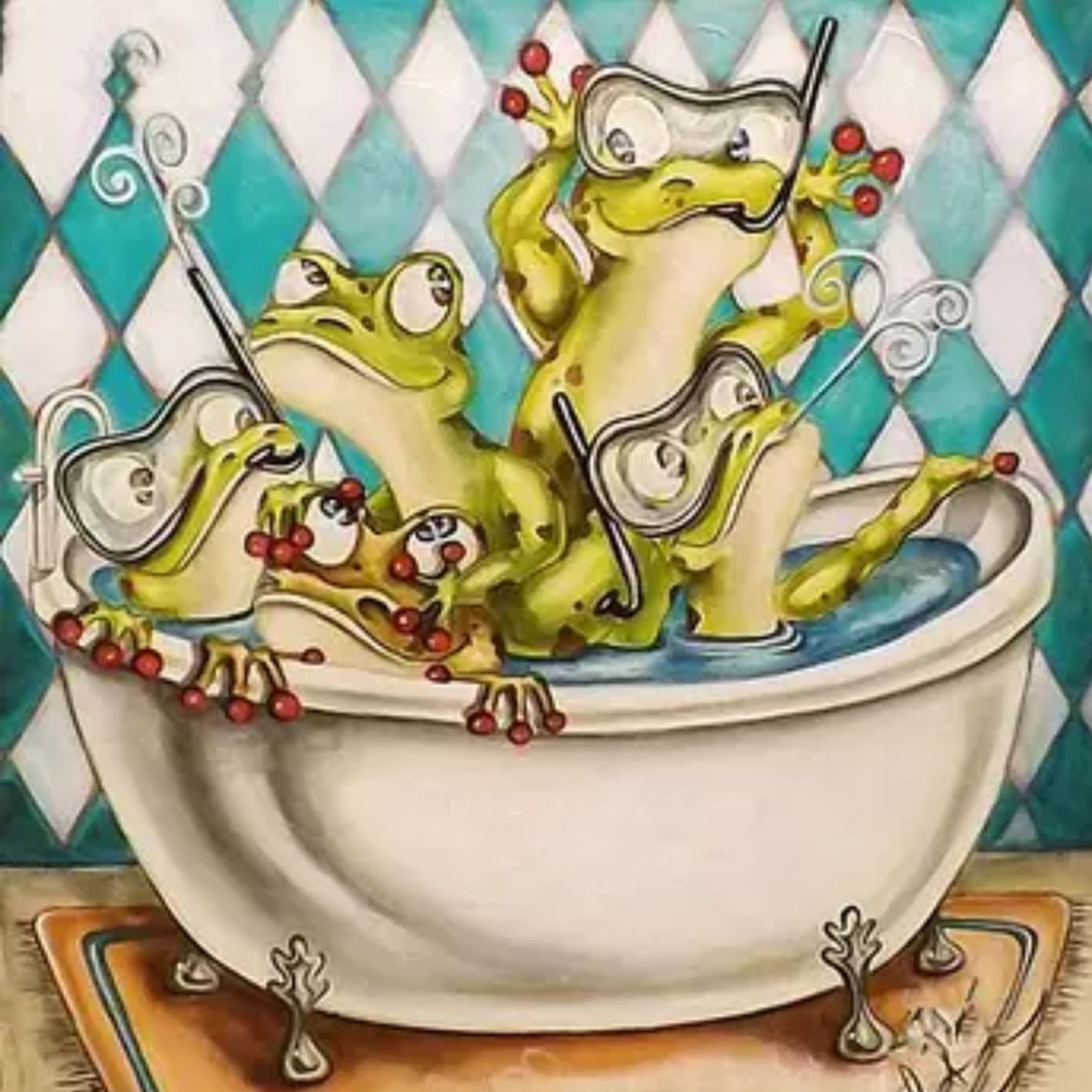 Diamond Painting mit fünf Fröschen in einer Badewanne mit Taucherbrillen und Schnorcheln.