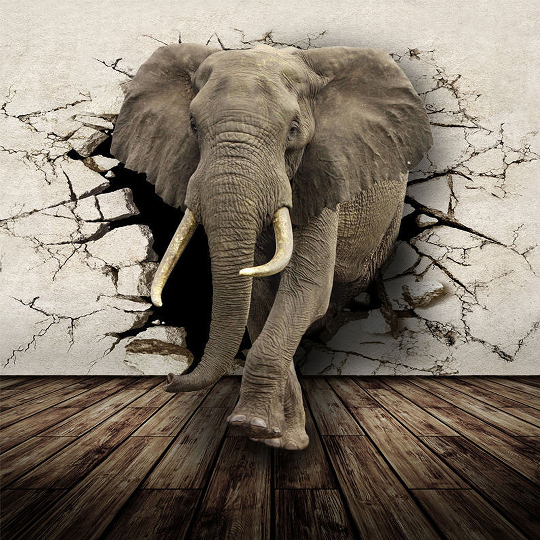 Diamond Painting mit Elefant, der durch eine rissige Steinwand tritt, im realistischen 3D-Look.
