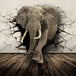 Diamond Painting mit Elefant, der durch eine rissige Steinwand tritt, im realistischen 3D-Look.
