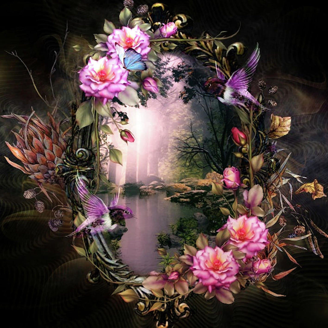 Diamond Painting mit Waldsee, Rosenkranz, Kolibris und Schmetterlingen im romantischen Fantasy-Stil.