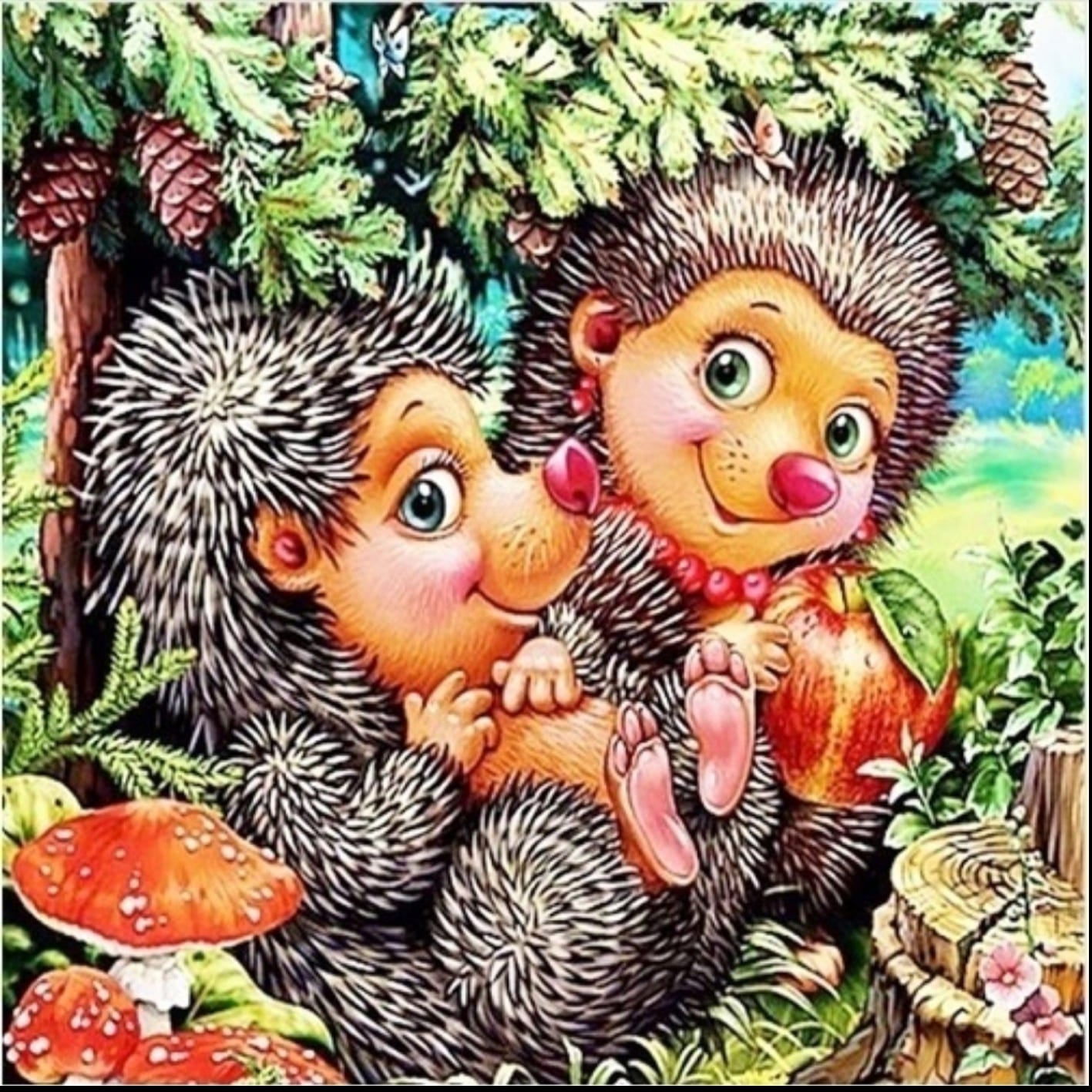 Diamond Painting mit zwei niedlichen Igeln, Apfel, Fliegenpilzen und Tannenzweigen im Wald.
