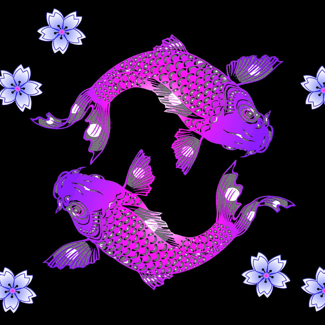 Diamond Painting mit zwei lila Koi-Fischen und Kirschblüten auf schwarzem Hintergrund.