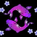 Diamond Painting mit zwei lila Koi-Fischen und Kirschblüten auf schwarzem Hintergrund.