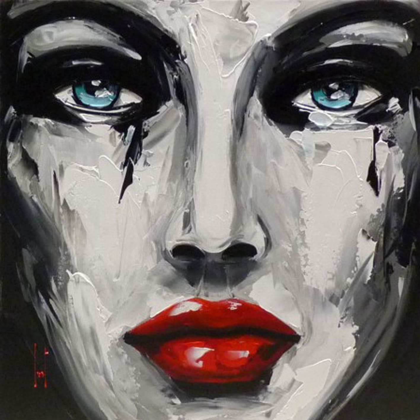Diamond Painting mit modernem Frauenporträt, roten Lippen und türkisfarbenen Augen im expressionistischen Stil.