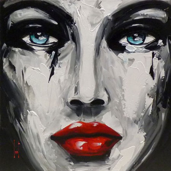 Diamond Painting mit modernem Frauenporträt, roten Lippen und türkisfarbenen Augen im expressionistischen Stil.