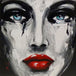 Diamond Painting mit modernem Frauenporträt, roten Lippen und türkisfarbenen Augen im expressionistischen Stil.