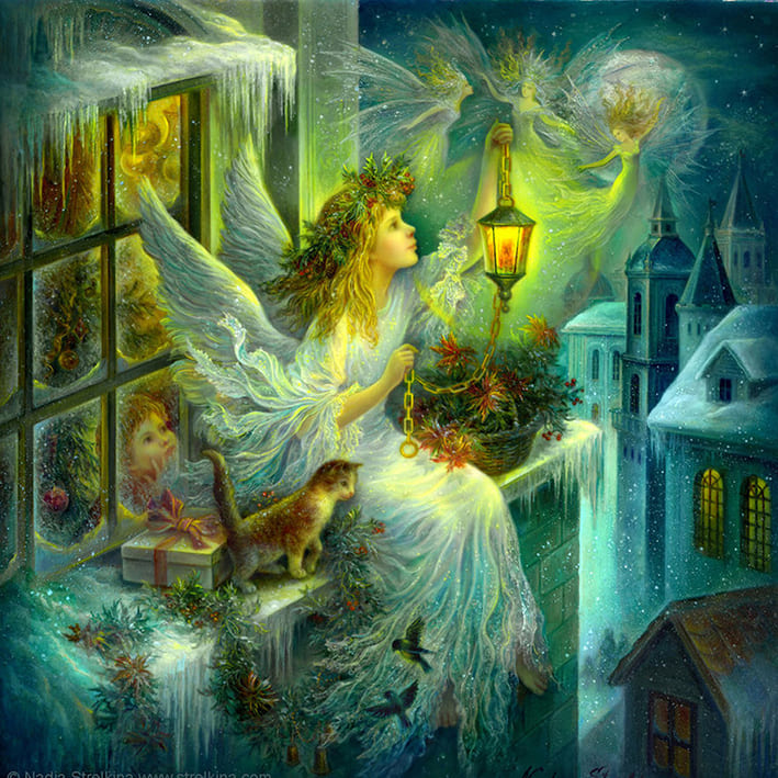 Diamond Painting mit Winterengel, Laterne, Elfen und verschneiter Stadt bei Nacht.