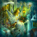 Diamond Painting mit Winterengel, Laterne, Elfen und verschneiter Stadt bei Nacht.
